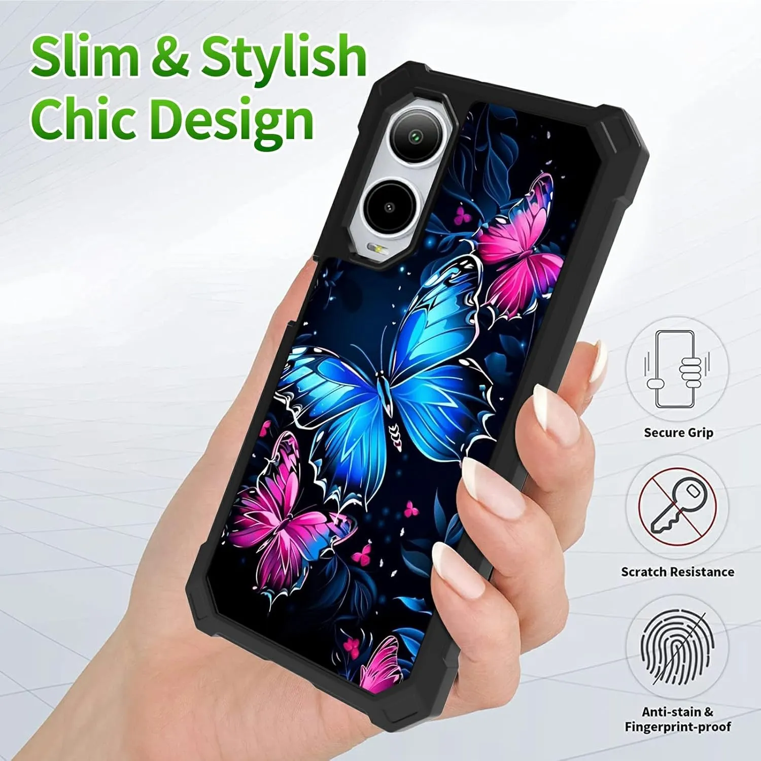 for Cricket Icon 6 2024 Phone Case w/1 * Screen Protector, Shockproof Heavy Duty Dual Layer Protective Hard PC Soft Silicone Case for Cricket Icon 6 SL219C, Butterfly Blue