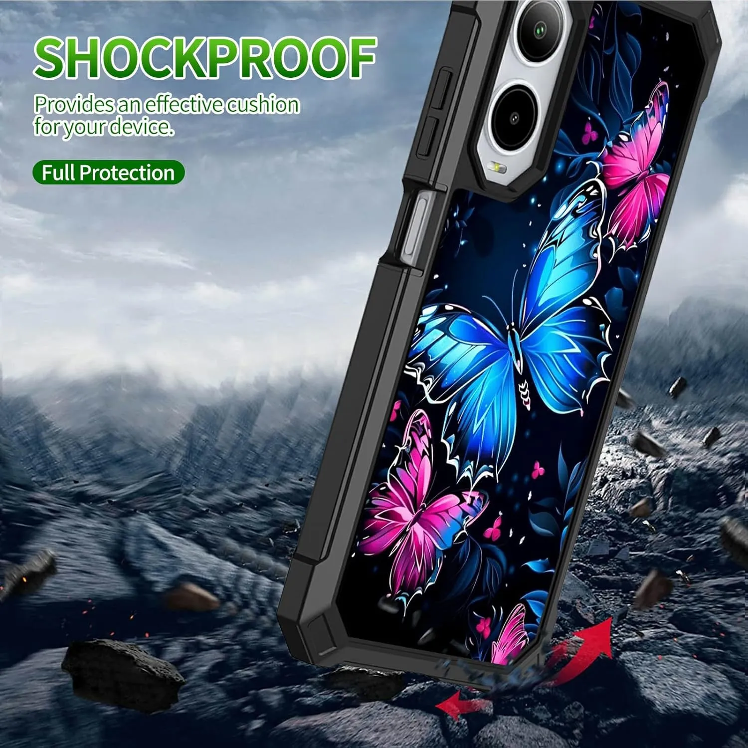 for Cricket Icon 6 2024 Phone Case w/1 * Screen Protector, Shockproof Heavy Duty Dual Layer Protective Hard PC Soft Silicone Case for Cricket Icon 6 SL219C, Butterfly Blue
