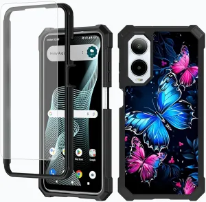 for Cricket Icon 6 2024 Phone Case w/1 * Screen Protector, Shockproof Heavy Duty Dual Layer Protective Hard PC Soft Silicone Case for Cricket Icon 6 SL219C, Butterfly Blue