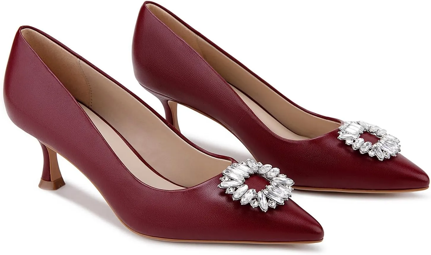 Genuine Leather Pumps Rhinestones Women Dressy Comfortable Shoes with Memory Foam Insole Womens Low Heel for Office Attire Dress Comfortable Footwear