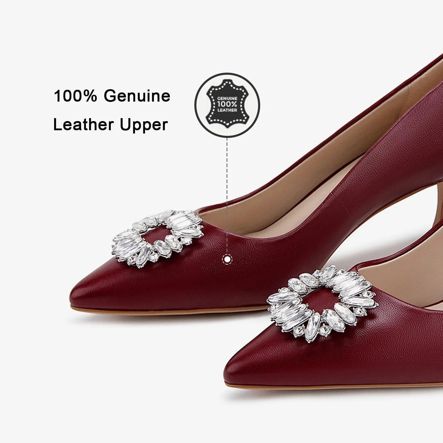 Genuine Leather Pumps Rhinestones Women Dressy Comfortable Shoes with Memory Foam Insole Womens Low Heel for Office Attire Dress Comfortable Footwear