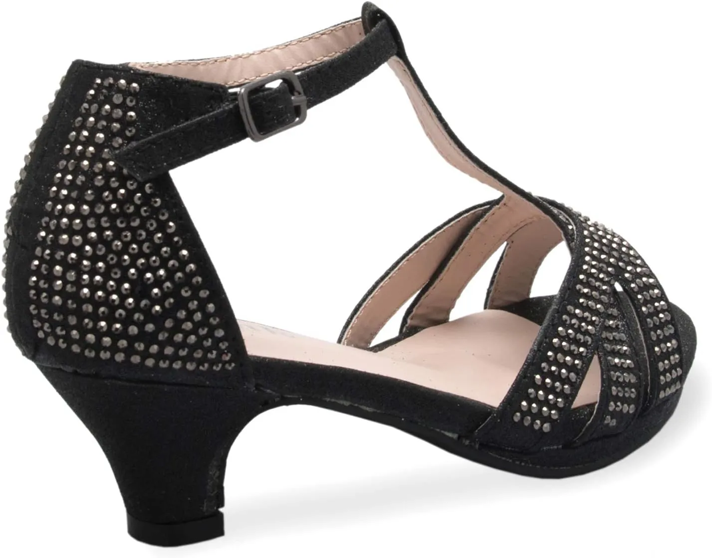 Girl's Glitter Leatherette Open Toe Strappy Ankle T Strap Kitten Heel Sandal (Toddler/Little Girl)