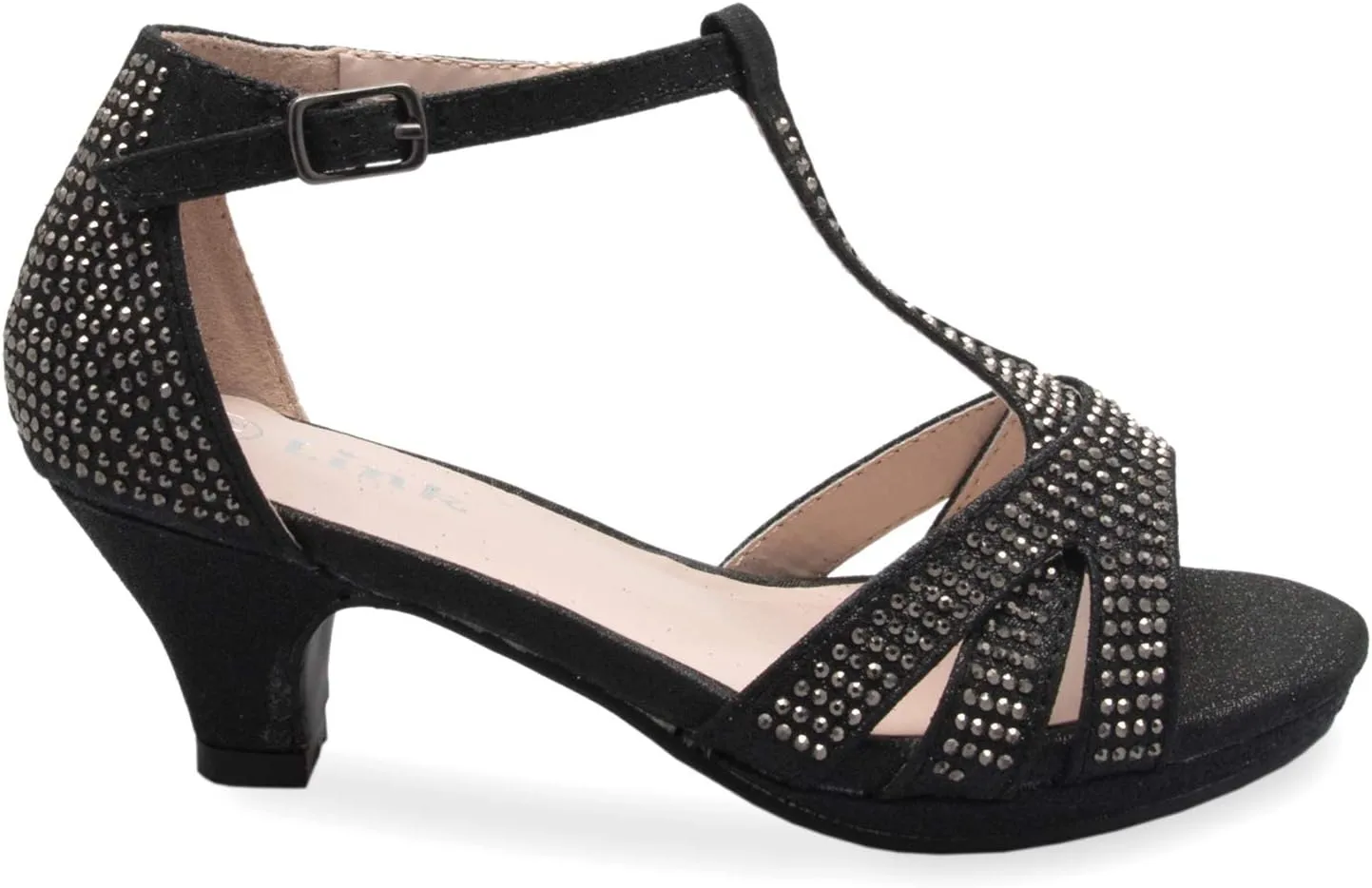 Girl's Glitter Leatherette Open Toe Strappy Ankle T Strap Kitten Heel Sandal (Toddler/Little Girl)
