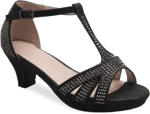 Girl's Glitter Leatherette Open Toe Strappy Ankle T Strap Kitten Heel Sandal (Toddler/Little Girl)