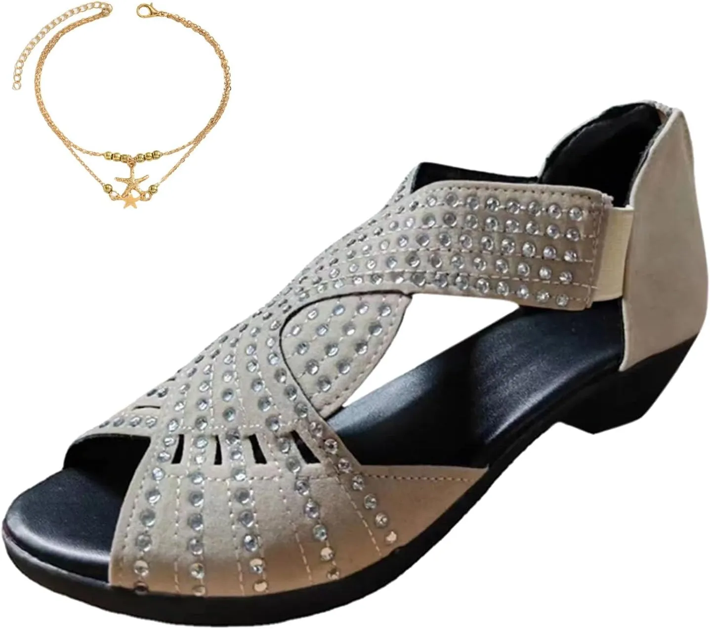 Glowstep Orthopedic Low Heel Cut-Out Sandals, Soipeshop Orthopedic Sandals, Comfortable Sports Slippers - Arch Support, Sparkly Rhinestone Open Toe Dress Shoes for Women, Non-Slip Shoes