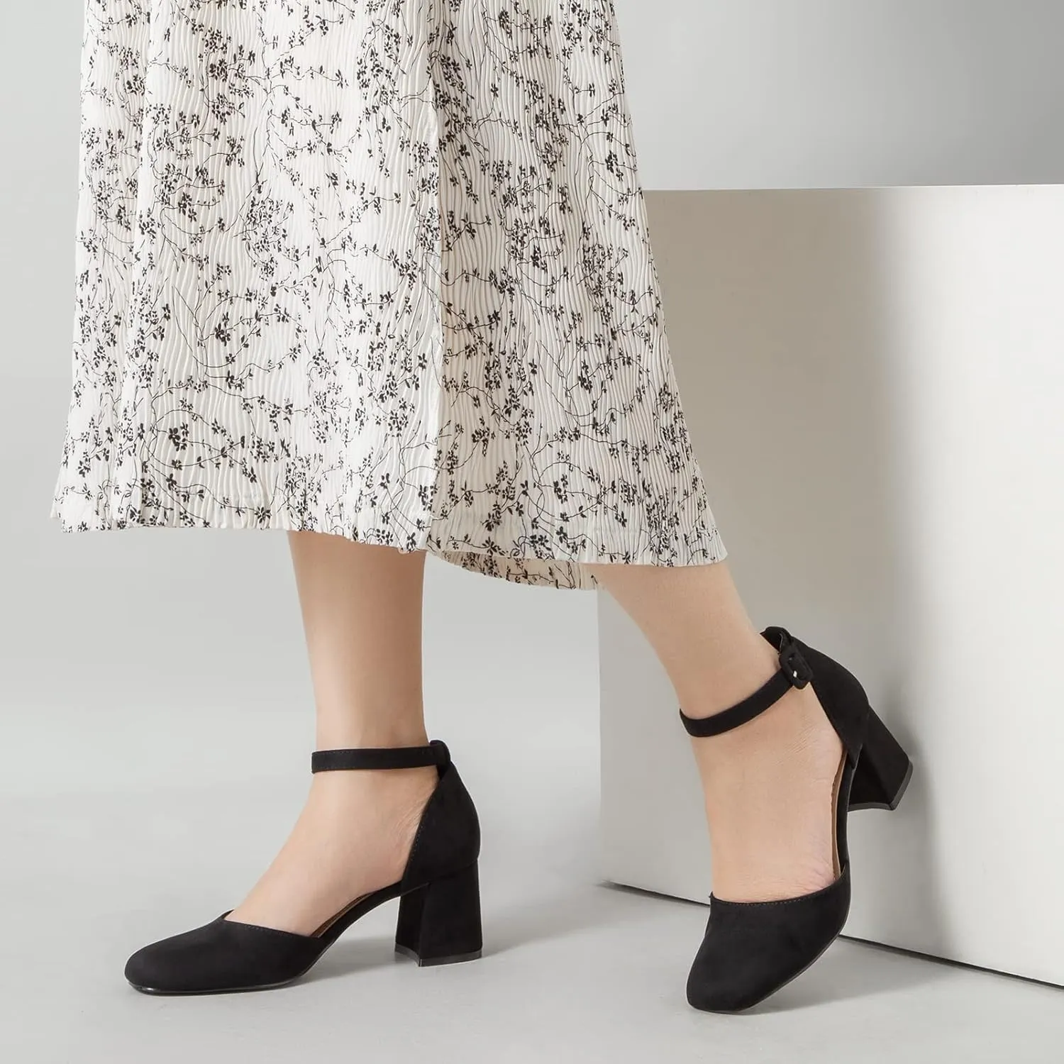 Greatonu Women's Closed Toe Ankle Strap 2.5 inch Low Block Heels Dress Wedding Party Pumps Shoes