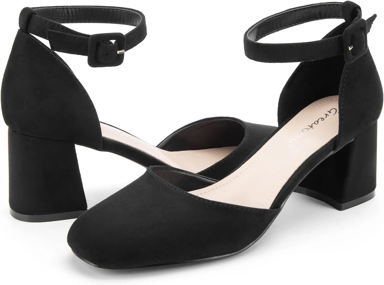 Greatonu Women's Closed Toe Ankle Strap 2.5 inch Low Block Heels Dress Wedding Party Pumps Shoes