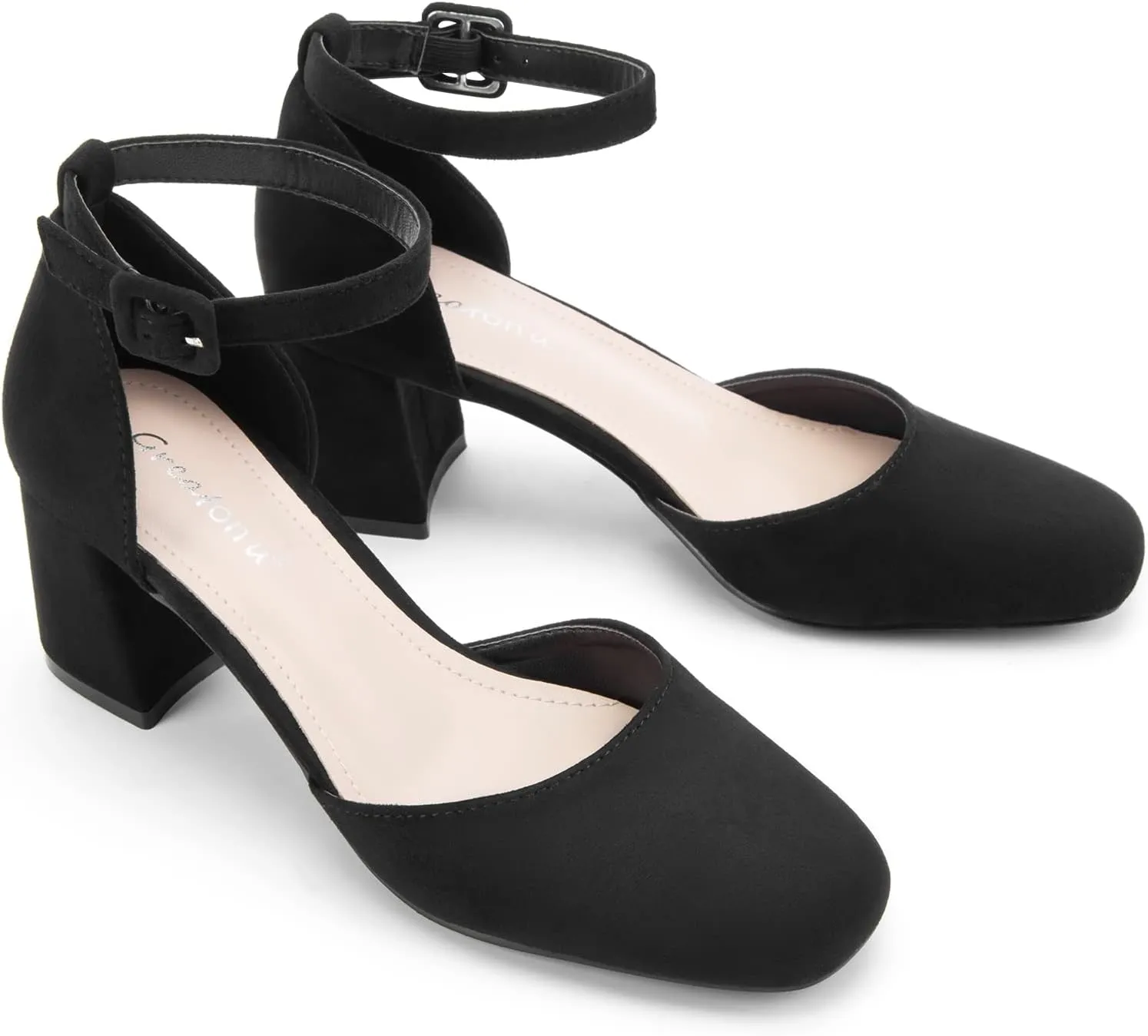 Greatonu Women's Closed Toe Ankle Strap 2.5 inch Low Block Heels Dress Wedding Party Pumps Shoes