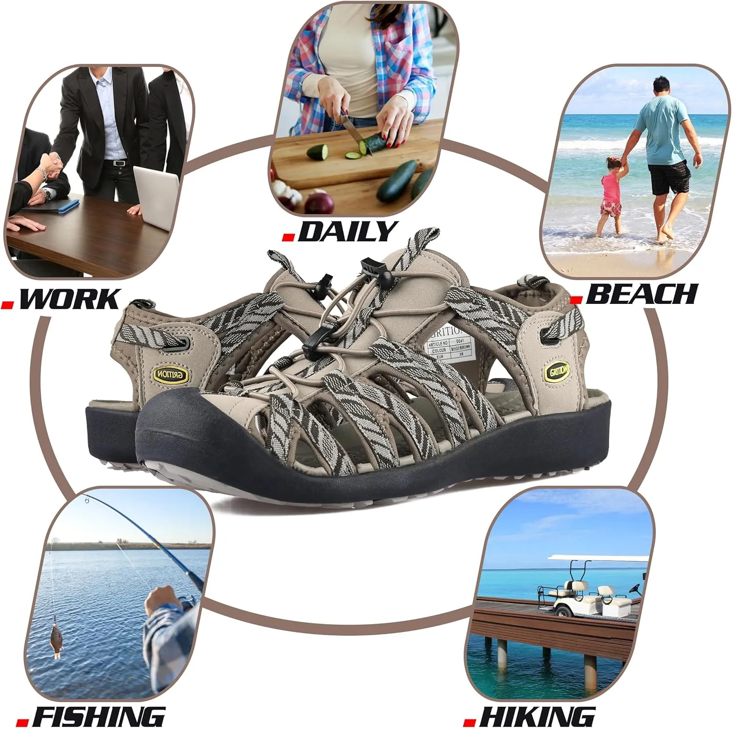 GRITION Hiking Sandals Women Closed Toe, Waterproof Lightweight Adjustable Hiking Athletic Sandals, Breathable For Beach Summer Adventure Comfortable Outdoor Sport