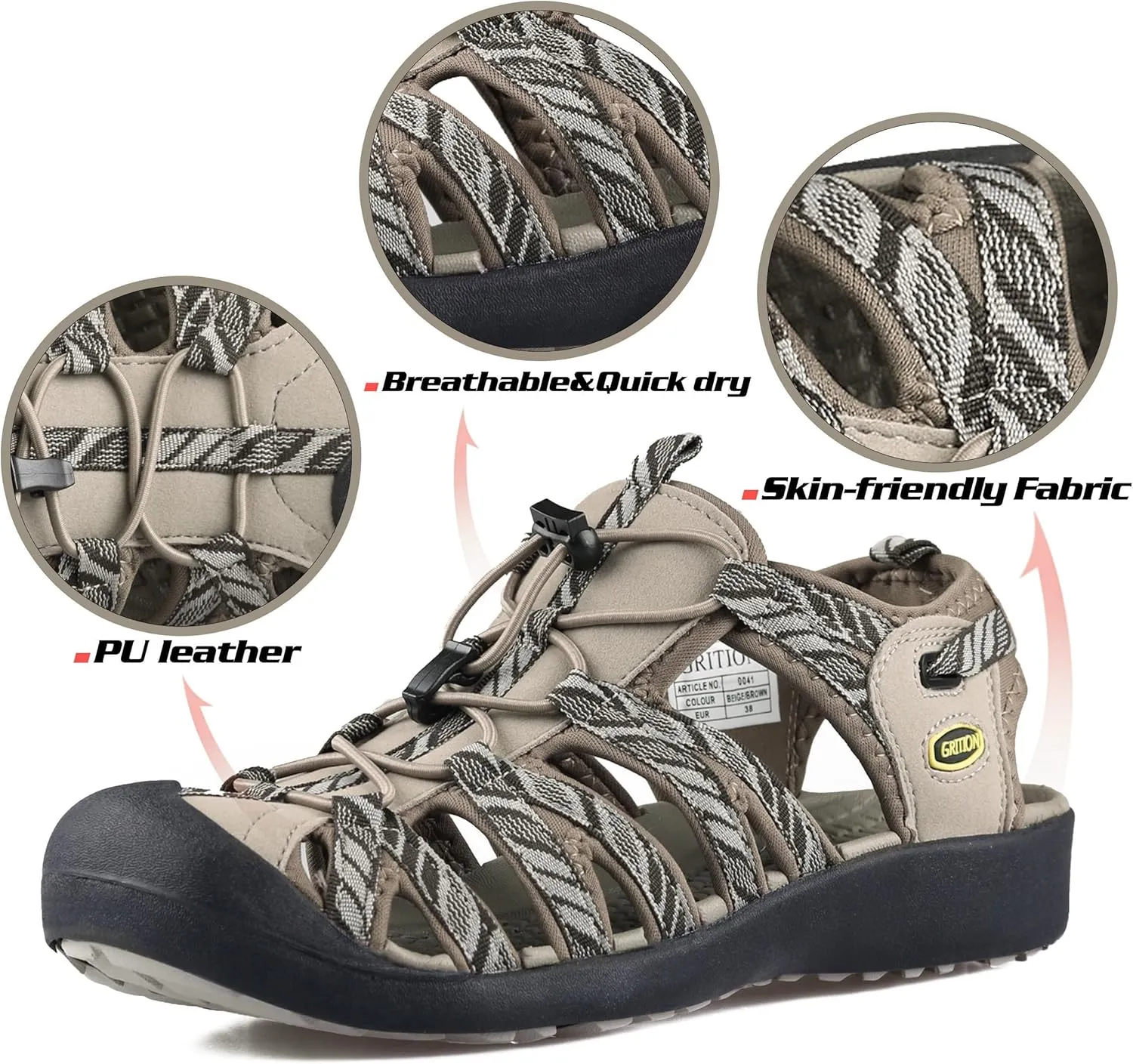 GRITION Hiking Sandals Women Closed Toe, Waterproof Lightweight Adjustable Hiking Athletic Sandals, Breathable For Beach Summer Adventure Comfortable Outdoor Sport