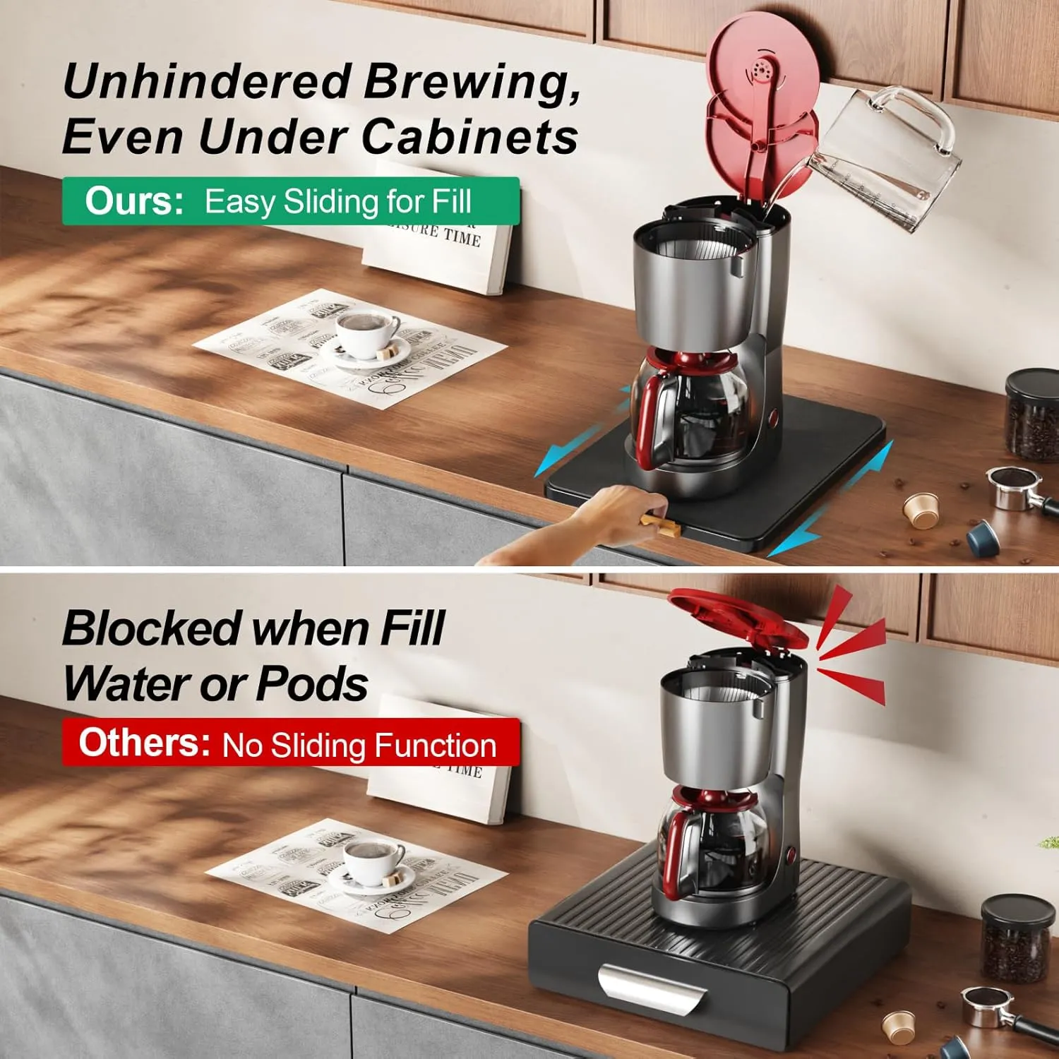 GSlife Appliance Slider and K Pod Storage Basket - 2 in Set of Sliding Tray for Coffee Maker and Under Shelf Storage for K Pod Coffee, Appliance Rolling Tray with Mat for Countertop, Bunlde