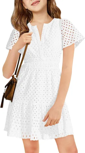 Haloumoning Girls Summer Dresses Kids V Neck A Line Hollow Out Party Mini Dress for 5-14 Years
