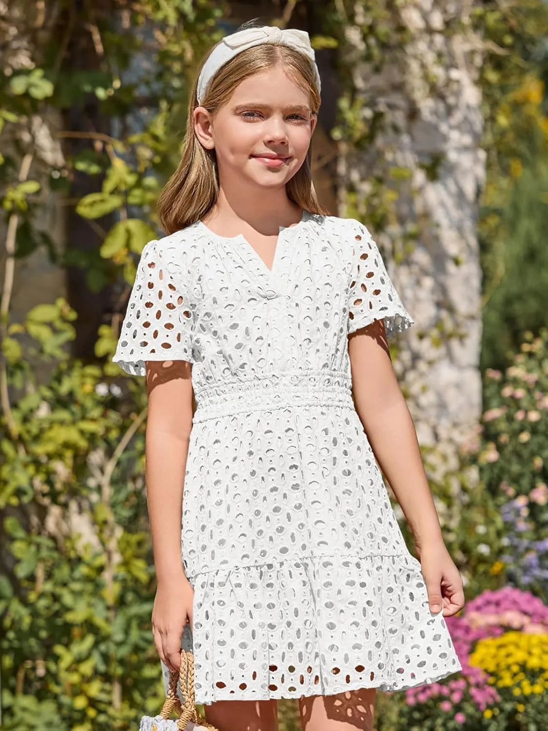 Haloumoning Girls Summer Dresses Kids V Neck A Line Hollow Out Party Mini Dress for 5-14 Years