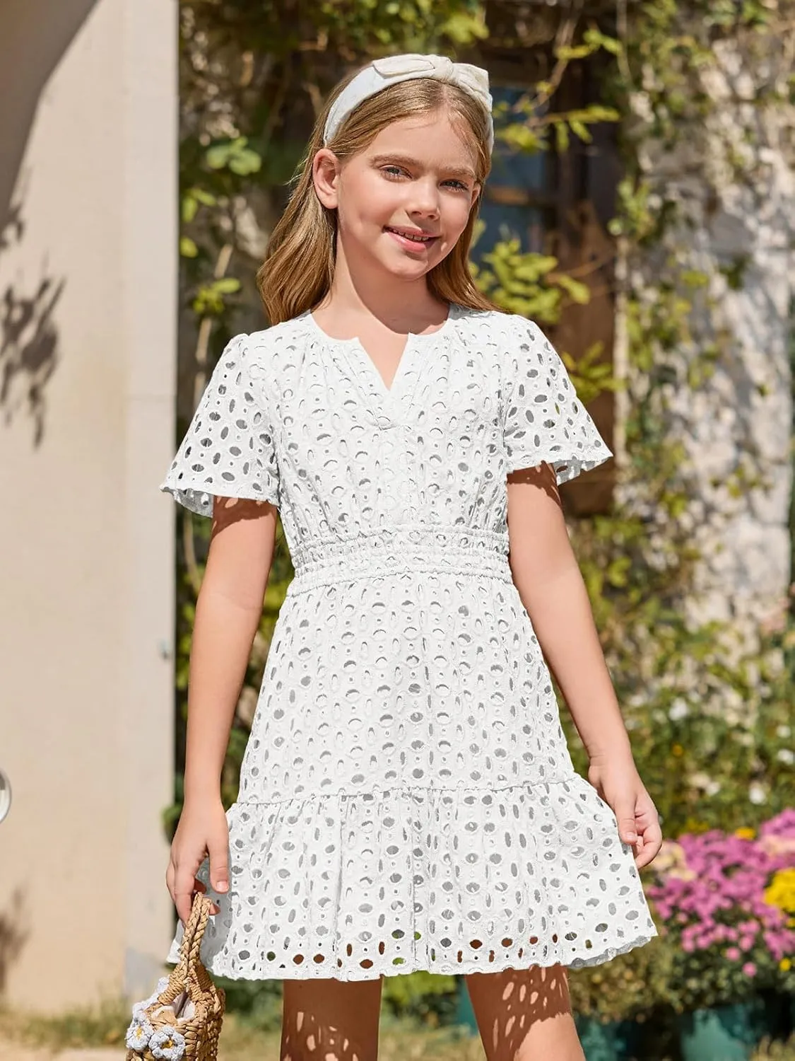 Haloumoning Girls Summer Dresses Kids V Neck A Line Hollow Out Party Mini Dress for 5-14 Years