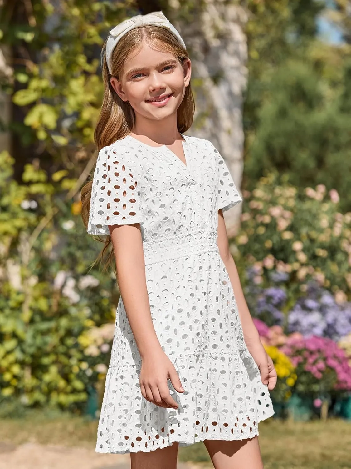 Haloumoning Girls Summer Dresses Kids V Neck A Line Hollow Out Party Mini Dress for 5-14 Years