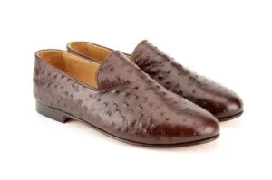 Handmade Brown Ostrich Leather Loafer Shoes for Men