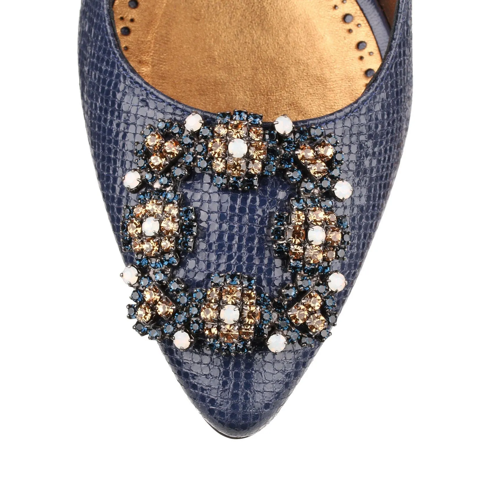 Hangisi 105 blue printed suede, colour buckle pump
