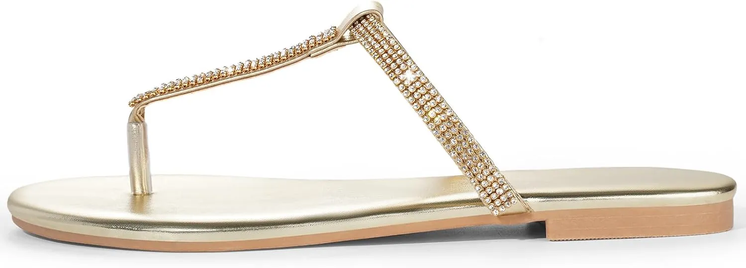 Harvest Land Women's Sandals Dressy T Strap with Rhinestone Sparkly Wedding Flat Sandals Ankle Strap Summer Gladiator Fashion Shoes