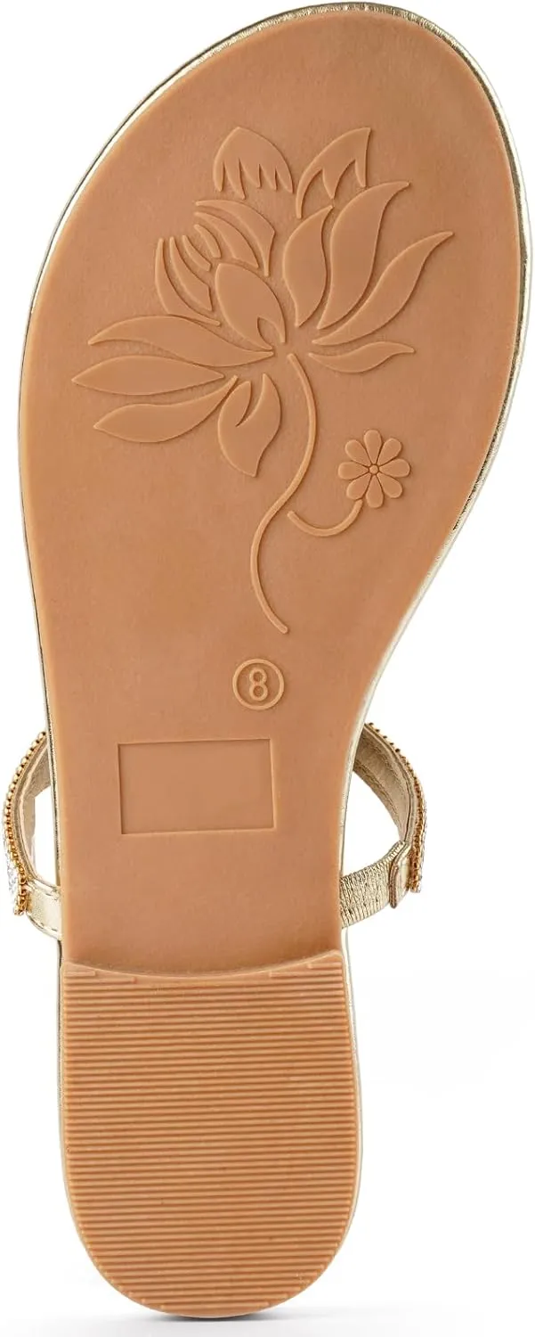 Harvest Land Women's Sandals Dressy T Strap with Rhinestone Sparkly Wedding Flat Sandals Ankle Strap Summer Gladiator Fashion Shoes