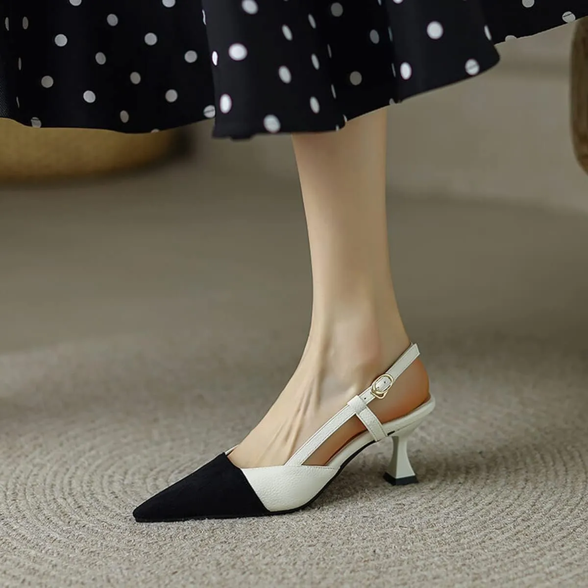 Hello Shero Women’s Pointed Toe Mid Kitten Heel Slingback Pumps Two-Tone Slip-On Dress Shoes for Office Lady Evening Party Dating Prom Church