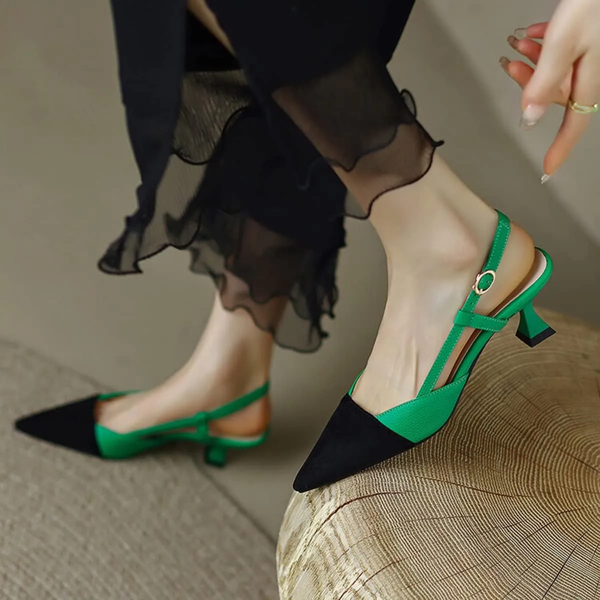 Hello Shero Women’s Pointed Toe Mid Kitten Heel Slingback Pumps Two-Tone Slip-On Dress Shoes for Office Lady Evening Party Dating Prom Church
