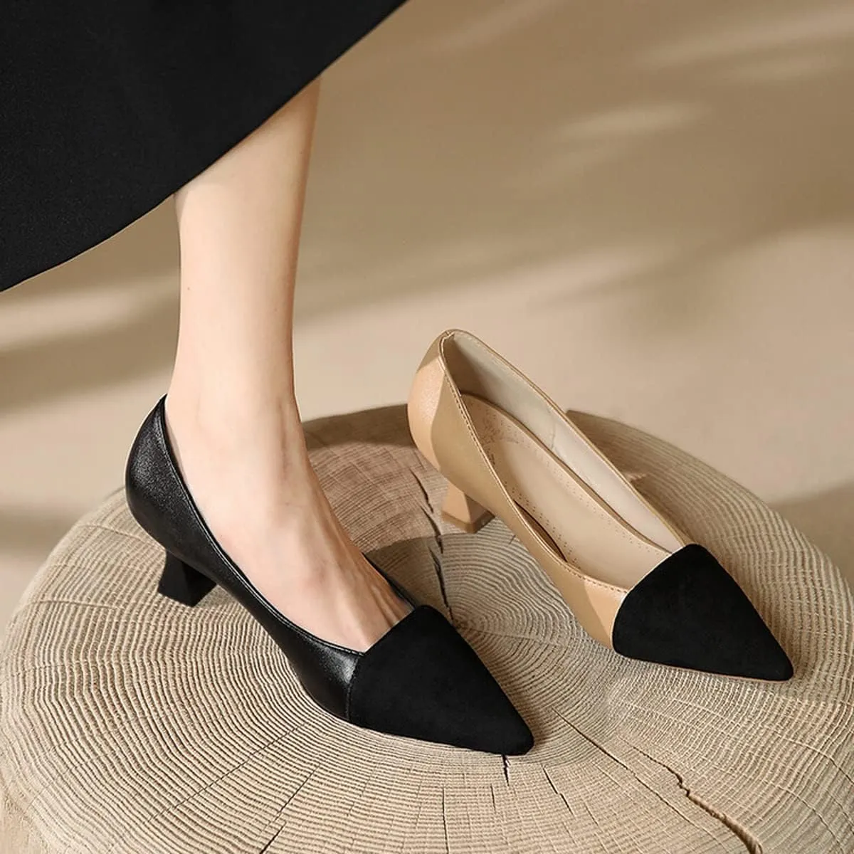 Hello Shero Women’s Pointed Toe Mid Kitten Heel Slingback Pumps Two-Tone Slip-On Dress Shoes for Office Lady Evening Party Dating Prom Church