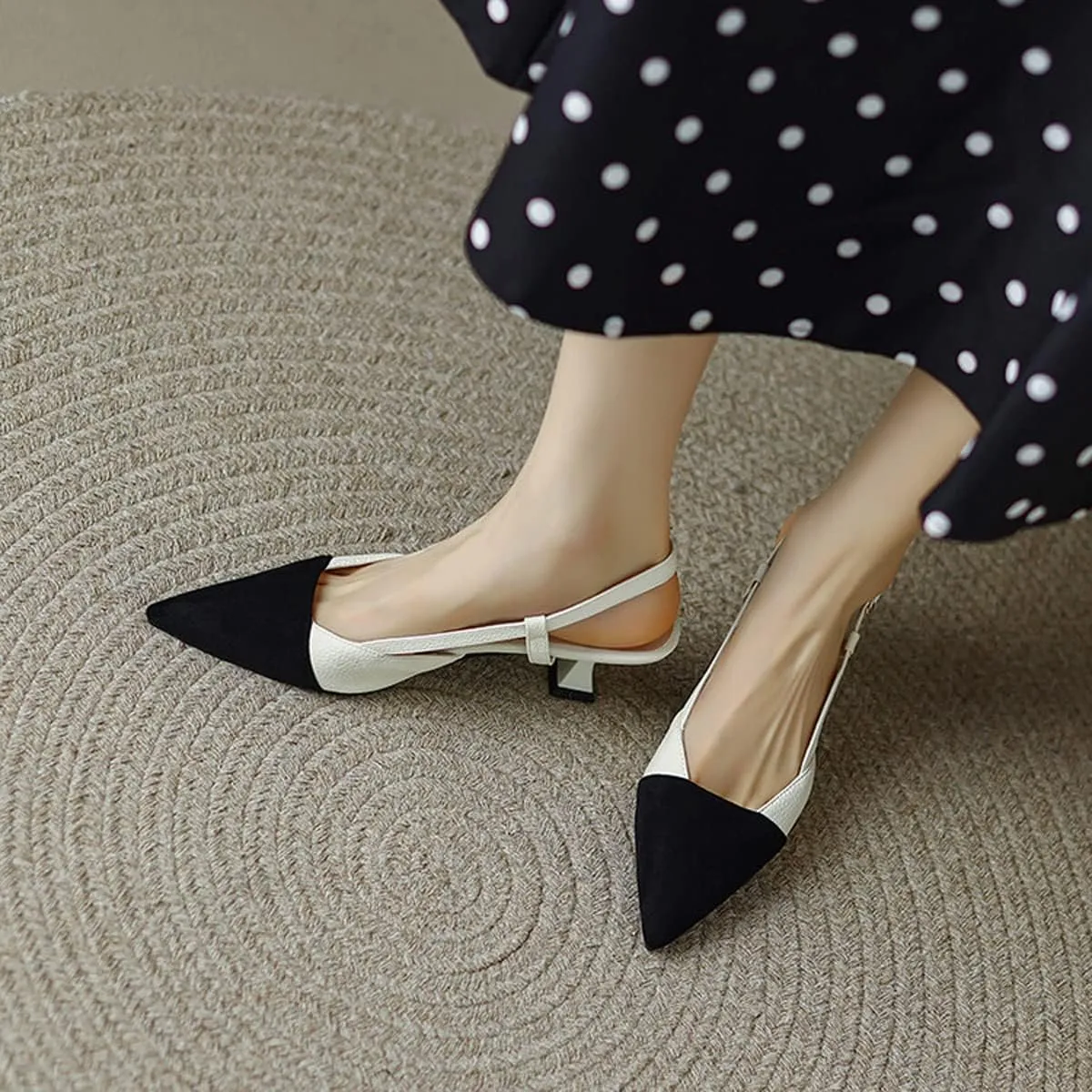 Hello Shero Women’s Pointed Toe Mid Kitten Heel Slingback Pumps Two-Tone Slip-On Dress Shoes for Office Lady Evening Party Dating Prom Church