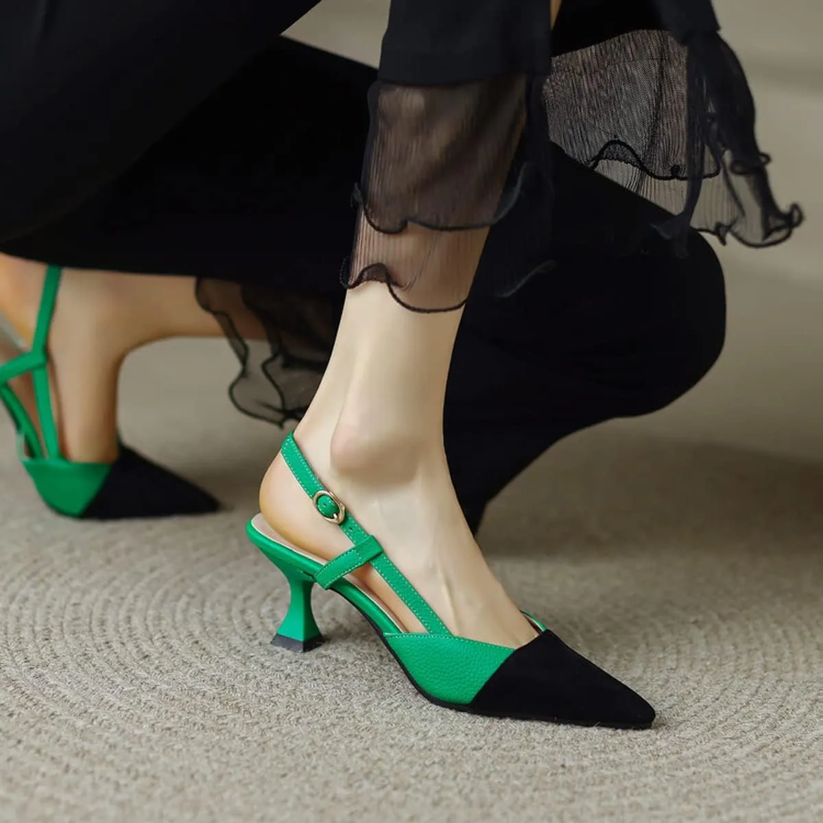 Hello Shero Women’s Pointed Toe Mid Kitten Heel Slingback Pumps Two-Tone Slip-On Dress Shoes for Office Lady Evening Party Dating Prom Church