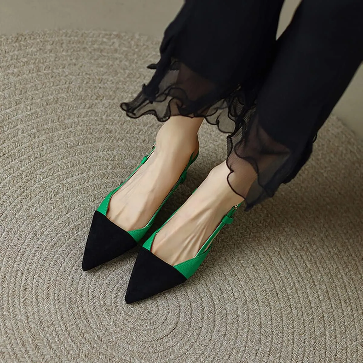 Hello Shero Women’s Pointed Toe Mid Kitten Heel Slingback Pumps Two-Tone Slip-On Dress Shoes for Office Lady Evening Party Dating Prom Church