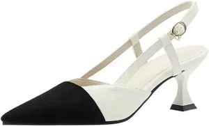 Hello Shero Women’s Pointed Toe Mid Kitten Heel Slingback Pumps Two-Tone Slip-On Dress Shoes for Office Lady Evening Party Dating Prom Church
