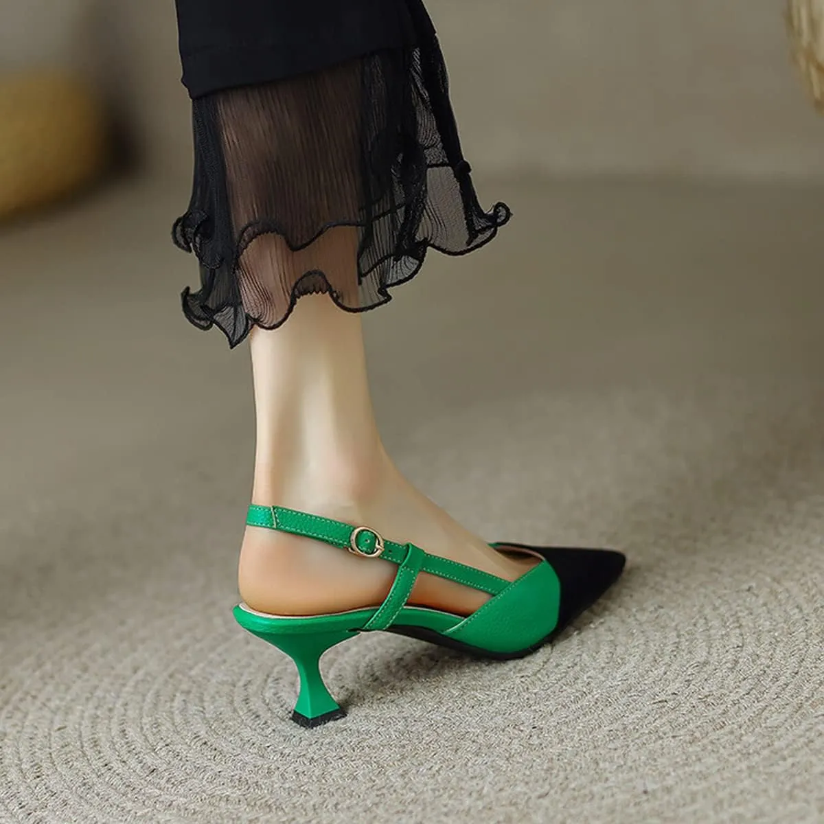 Hello Shero Women’s Pointed Toe Mid Kitten Heel Slingback Pumps Two-Tone Slip-On Dress Shoes for Office Lady Evening Party Dating Prom Church