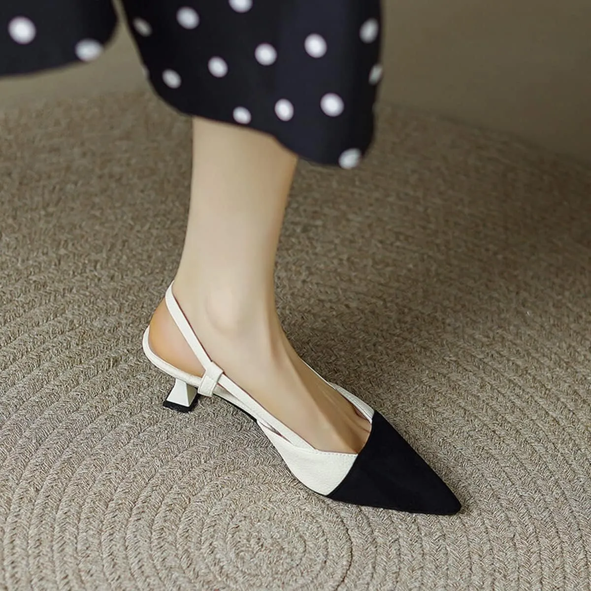 Hello Shero Women’s Pointed Toe Mid Kitten Heel Slingback Pumps Two-Tone Slip-On Dress Shoes for Office Lady Evening Party Dating Prom Church