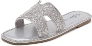 Herstyle Showstopper Women's Flat Sandals, Fashion Rhinestone Slides, Open Toe Slip-On Slippers with Cushioned Footbed, Casual Bling Sandals for Summer and Daily Wear