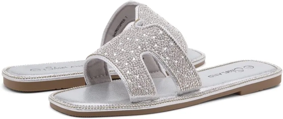 Herstyle Showstopper Women's Flat Sandals, Fashion Rhinestone Slides, Open Toe Slip-On Slippers with Cushioned Footbed, Casual Bling Sandals for Summer and Daily Wear