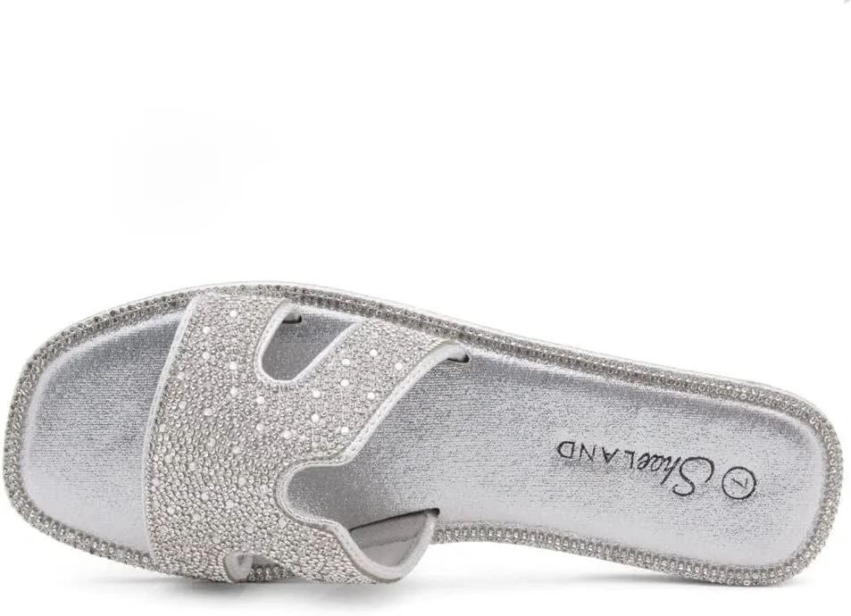 Herstyle Showstopper Women's Flat Sandals, Fashion Rhinestone Slides, Open Toe Slip-On Slippers with Cushioned Footbed, Casual Bling Sandals for Summer and Daily Wear