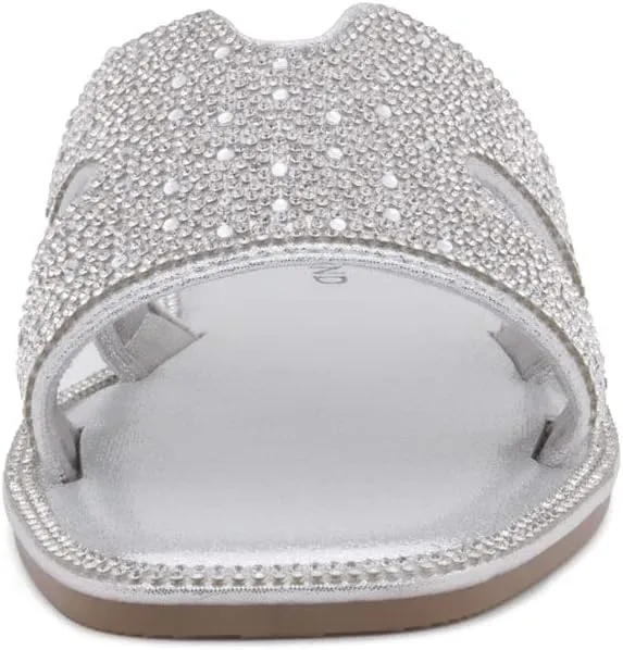 Herstyle Showstopper Women's Flat Sandals, Fashion Rhinestone Slides, Open Toe Slip-On Slippers with Cushioned Footbed, Casual Bling Sandals for Summer and Daily Wear
