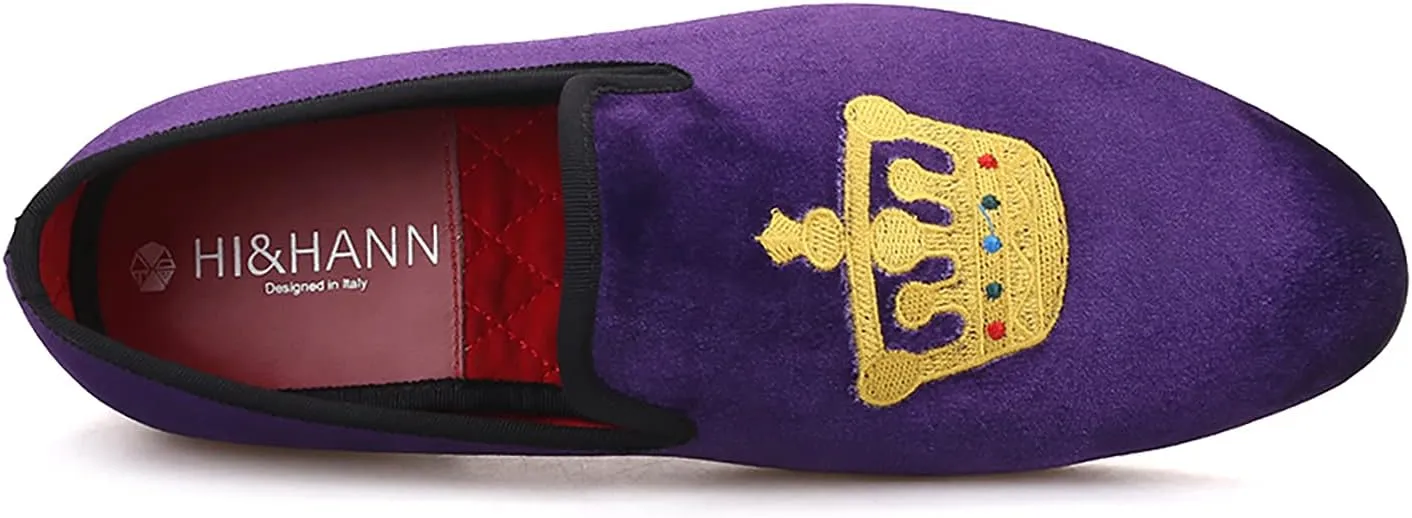 HI&HANN Men's Embroidered Velvet Loafer Shoes Slip-on Loafer Round Toes Smoking Slipper