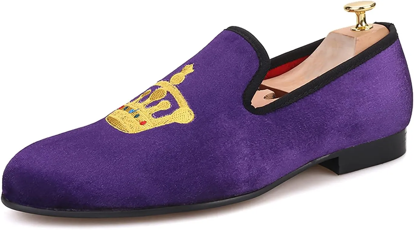 HI&HANN Men's Embroidered Velvet Loafer Shoes Slip-on Loafer Round Toes Smoking Slipper