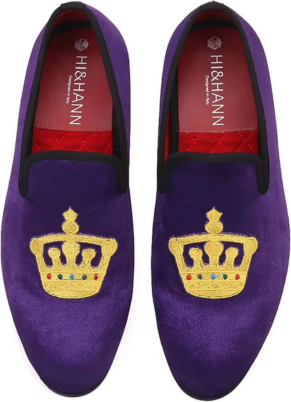 HI&HANN Men's Embroidered Velvet Loafer Shoes Slip-on Loafer Round Toes Smoking Slipper