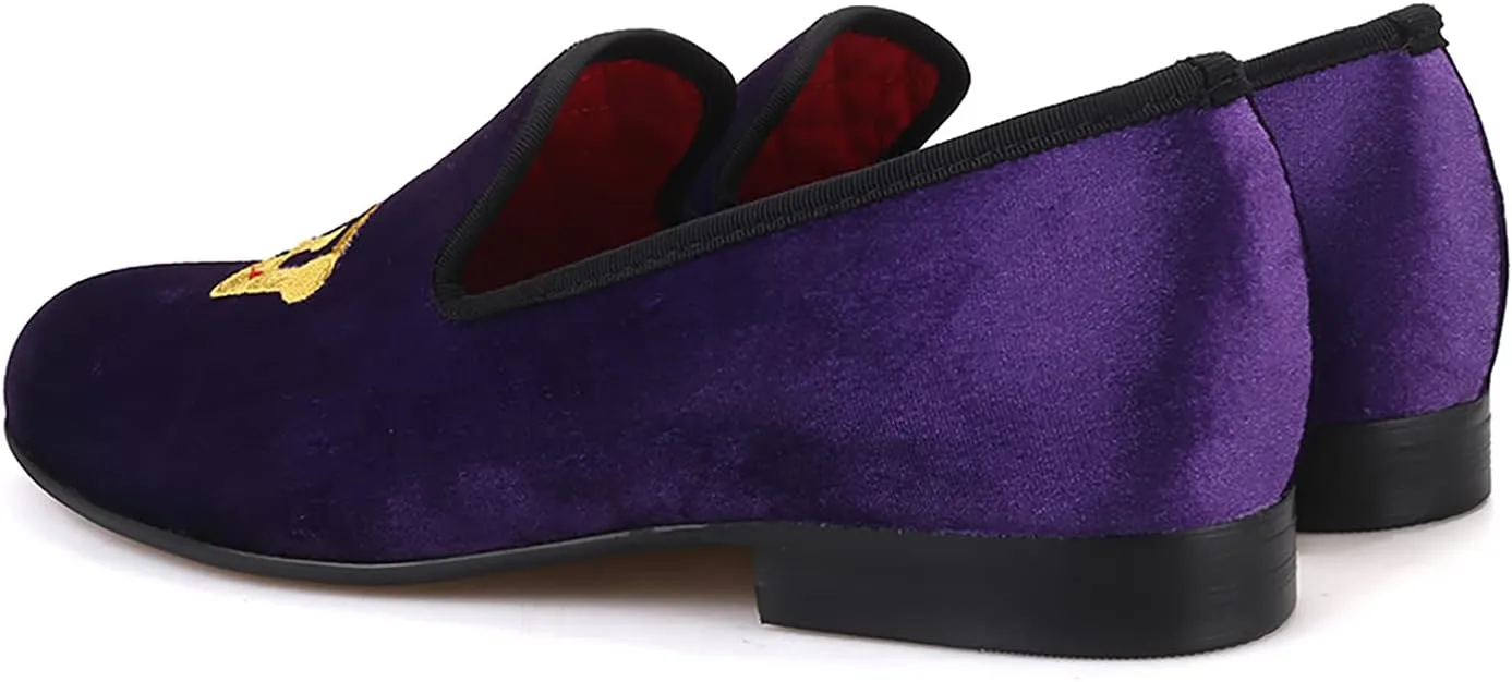 HI&HANN Men's Embroidered Velvet Loafer Shoes Slip-on Loafer Round Toes Smoking Slipper