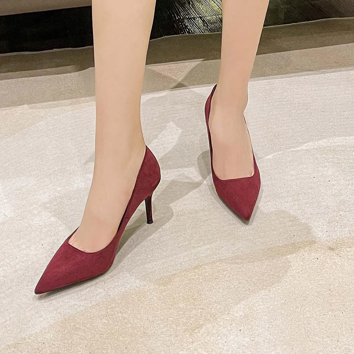 JOEupin Women's Pointed Toe Pumps Classic Suede Shoes Kitten Heel Slip On Dress Pumps 2.36 Inch
