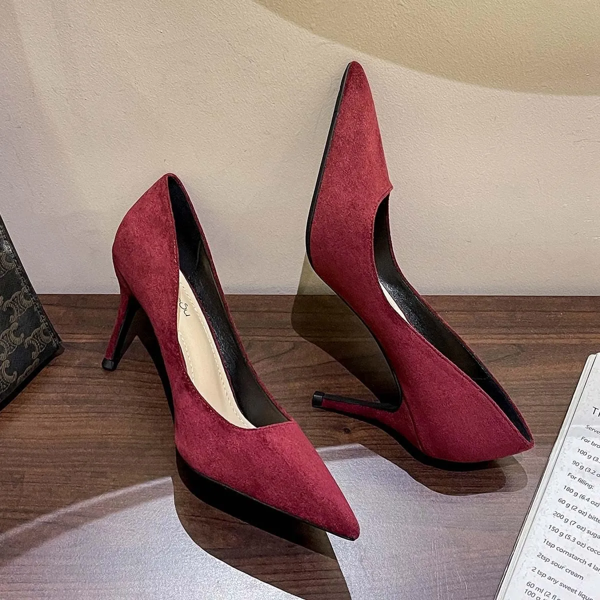 JOEupin Women's Pointed Toe Pumps Classic Suede Shoes Kitten Heel Slip On Dress Pumps 2.36 Inch