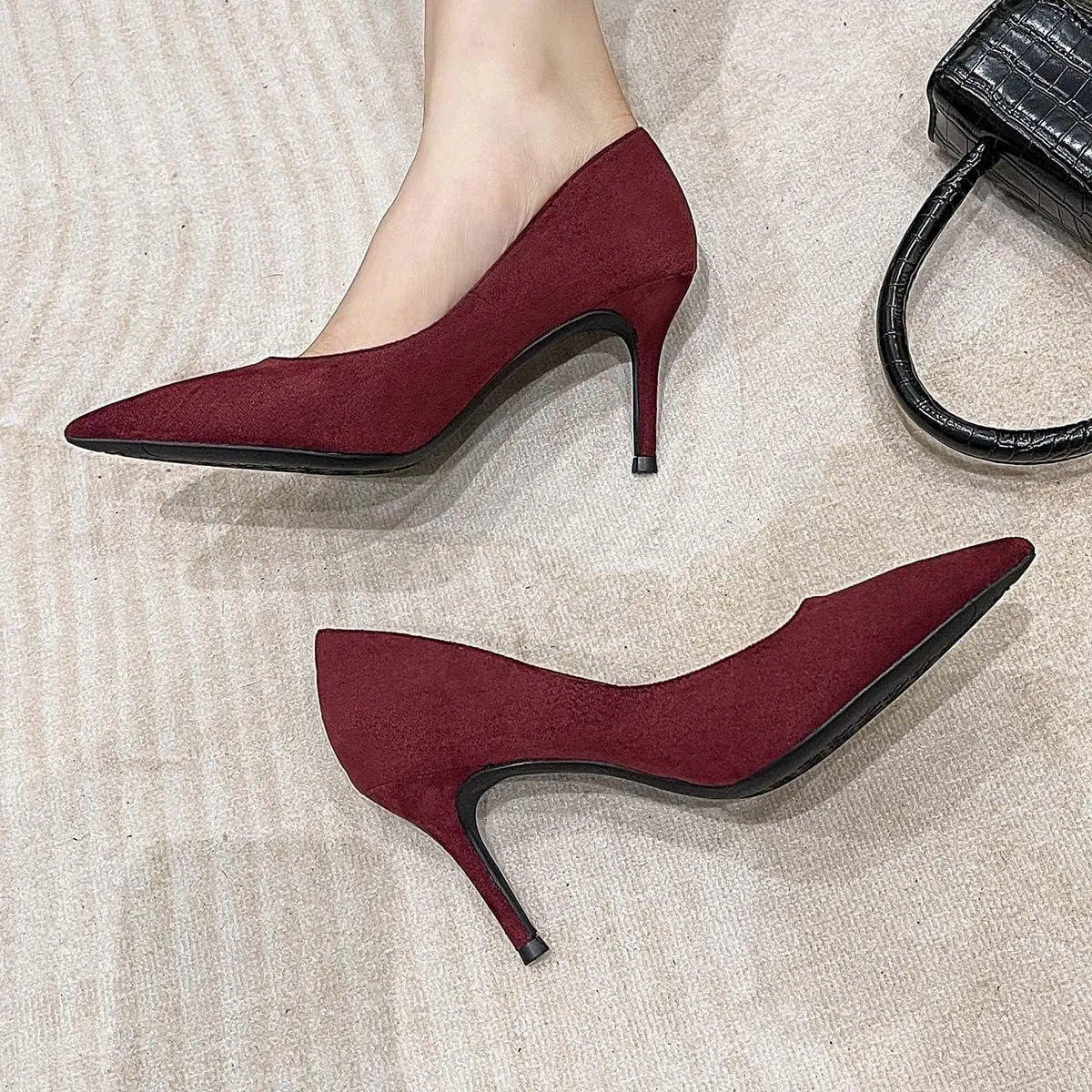 JOEupin Women's Pointed Toe Pumps Classic Suede Shoes Kitten Heel Slip On Dress Pumps 2.36 Inch