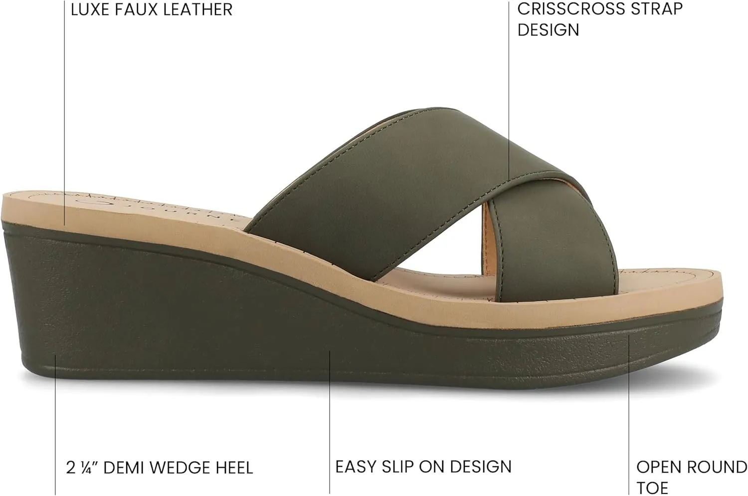 Journee Womens cushioned footbed Faux Leather Sandals Wedge Sandals Biara Crossover Straps Open Toe
