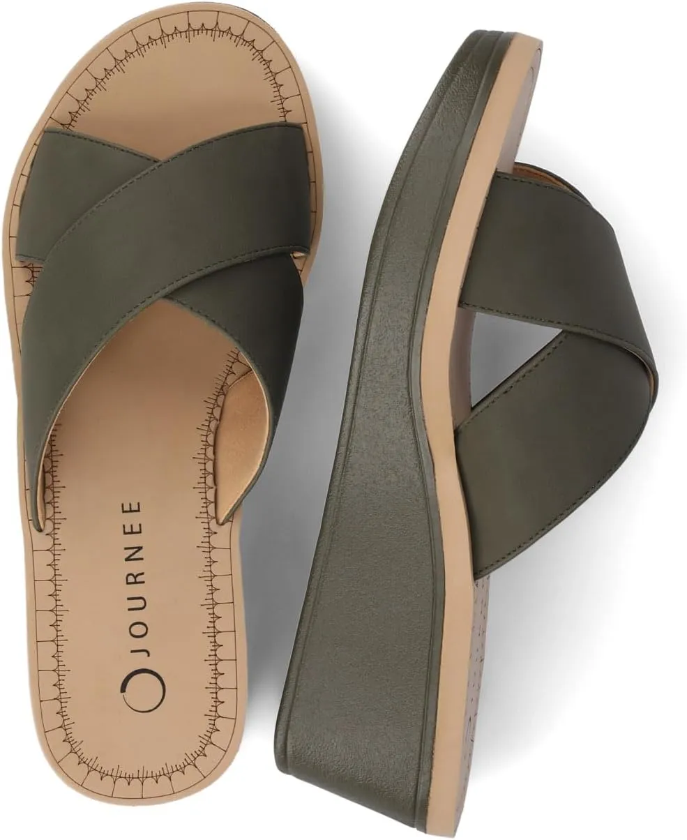 Journee Womens cushioned footbed Faux Leather Sandals Wedge Sandals Biara Crossover Straps Open Toe