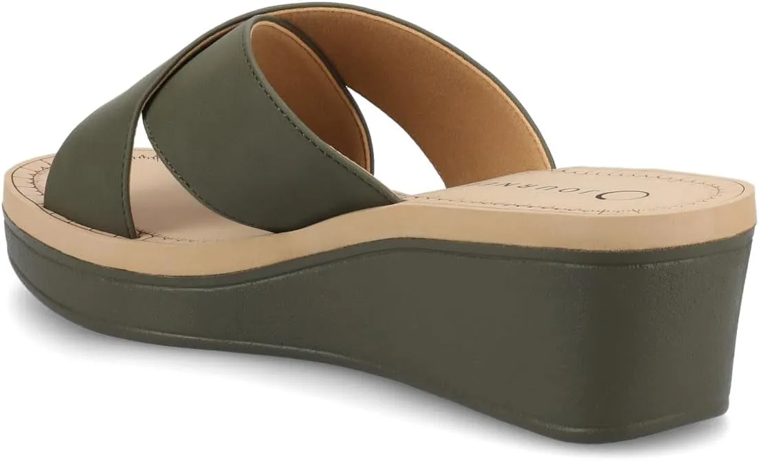 Journee Womens cushioned footbed Faux Leather Sandals Wedge Sandals Biara Crossover Straps Open Toe