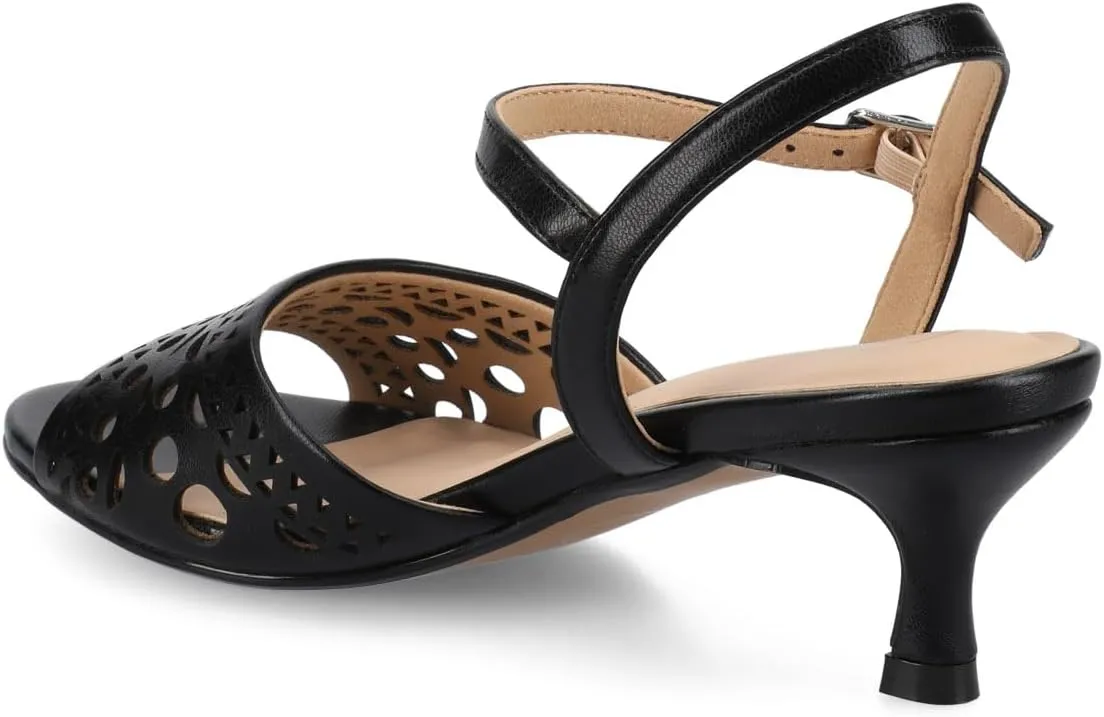 Journee Womens cushioned footbed Jemry Kitten Heel Faux Leather Open Toe Ankle Buckle Laser Cutout 2-3 Inch Heel
