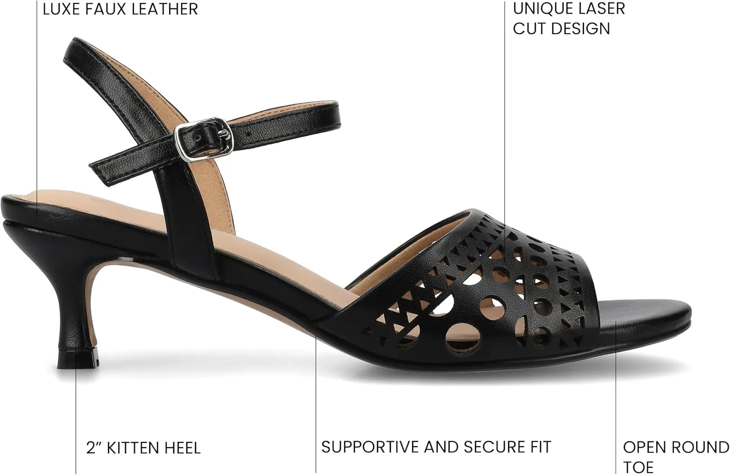Journee Womens cushioned footbed Jemry Kitten Heel Faux Leather Open Toe Ankle Buckle Laser Cutout 2-3 Inch Heel