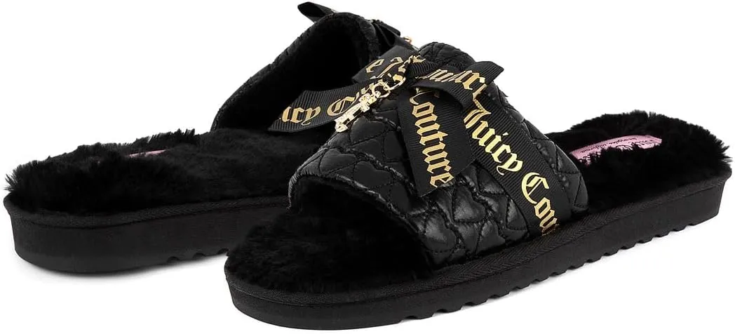 Juicy Couture Women's Faux Fur Slide Sandal Slippers, Open Toe, Comfortable Indoor Outdoor House Shoes