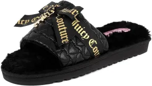 Juicy Couture Women's Faux Fur Slide Sandal Slippers, Open Toe, Comfortable Indoor Outdoor House Shoes